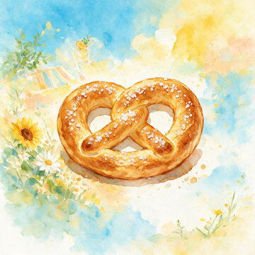 Whimsical Watercolor Soft Pretzel in a Dreamy Floral Meadow with Sunny Sky