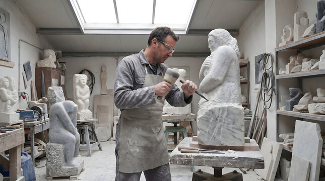 A male sculptor uses a chisel and mallet to carve a stone statue in a sunlit art studio filled with artworks.