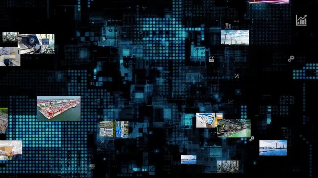 産業とテクノロジー。工場、工業、製造業、映像、半導体、建設、機械、エンジニア、作業員、DX、ICT