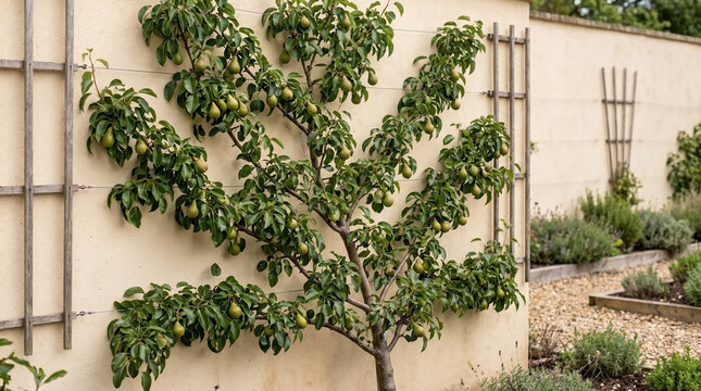 Espalier pear tree growing on sunny garden wall. Espalier pear tree showcases elegant branch training against stone surface. Well maintained espalier pear tree adds structure to classic landscape.