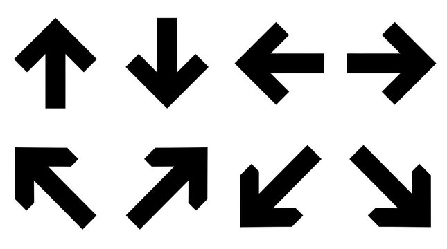 A collection of black geometric arrow icons pointing in various directions including up down left right and diagonal isolated on a plain white