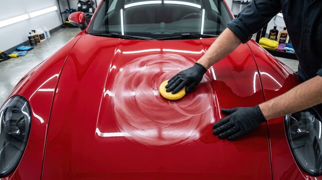 Professional auto detailing worker applying wax polish to red luxury sports car hood using yellow sponge applicator in modern garage workshop, automotive care, vehicle maintenance