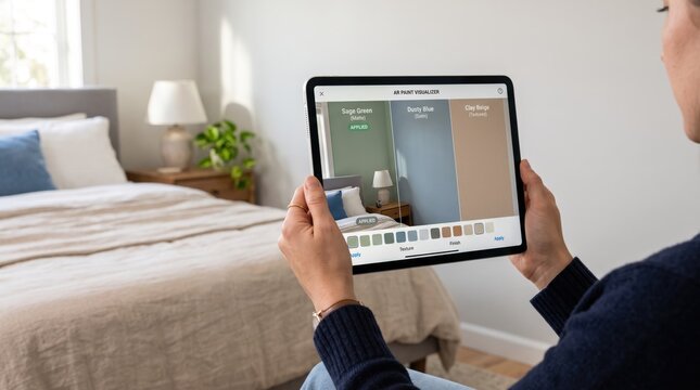 Person holding tablet using augmented reality app to visualize paint colors on bedroom wall, demonstrating home renovation, interior design technology, digital color selection tool