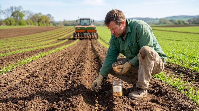Male farmer sowing farm crops in deep furrows with tractor in background. Sowing farm crops ensures food security and yield. Ideal sowing farm crops for agronomy journals or machinery ads.