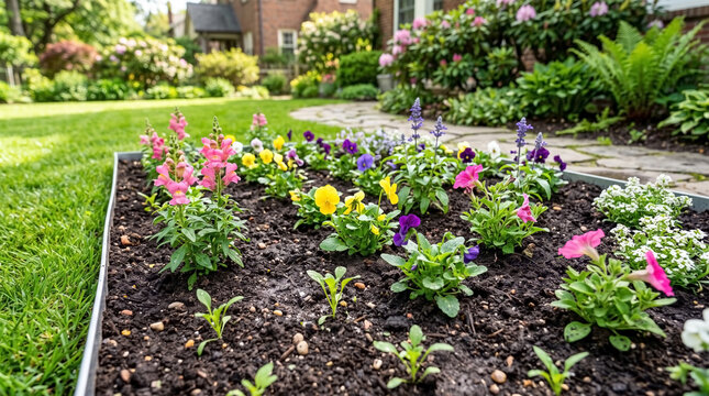 Colorful flower bed with blooming pansies and petunias in dark soil. Flower bed sits near stone path and green lawn in sunny backyard. Beautiful flower bed concept for modern residential landscaping.