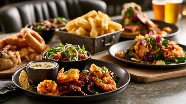 A contemporary gastropub composition featuring pub-food displayed on polished concrete with modern restaurant aesthetics