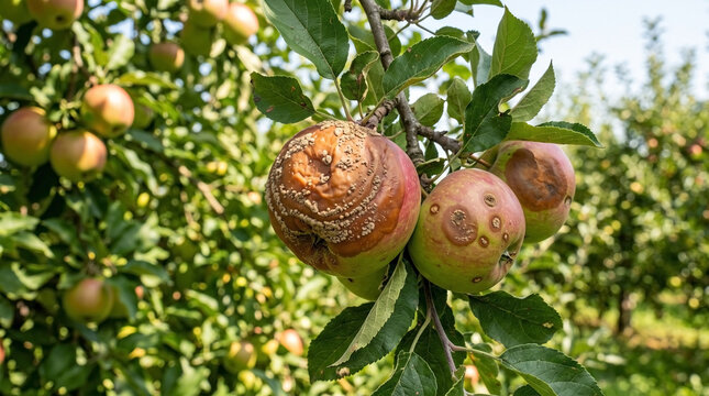 Rotten apple fruit hanging on tree branch in sunlit orchard during harvest season. Rotten apple fruit shows fungal rot and decay on skin. Concept rotten apple fruit for agricultural crop failure.