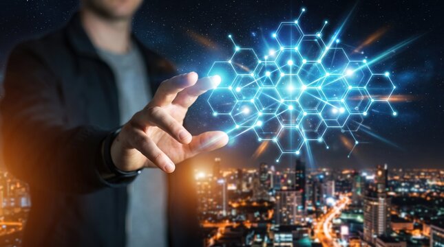 Futuristic businessman touching glowing blue holographic network interface, smart city, advanced technology, digital transformation, artificial intelligence data visualization