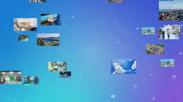産業とテクノロジー。工場、工業、製造業、映像、半導体、建設、機械、エンジニア、作業員、DX、ICT
