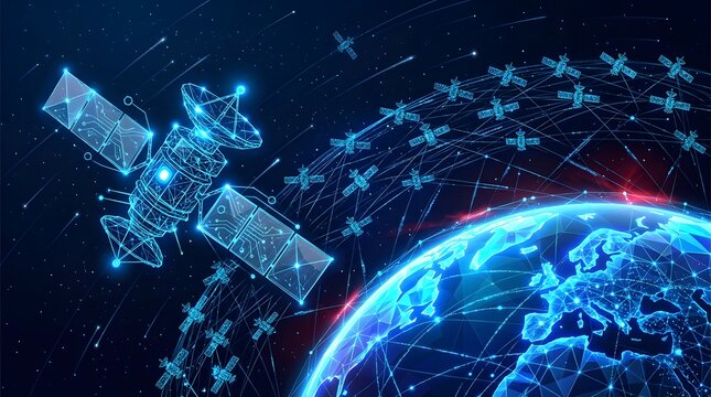 Futuristic low earth orbit satellite constellation network providing global telecommunication and internet connectivity in space