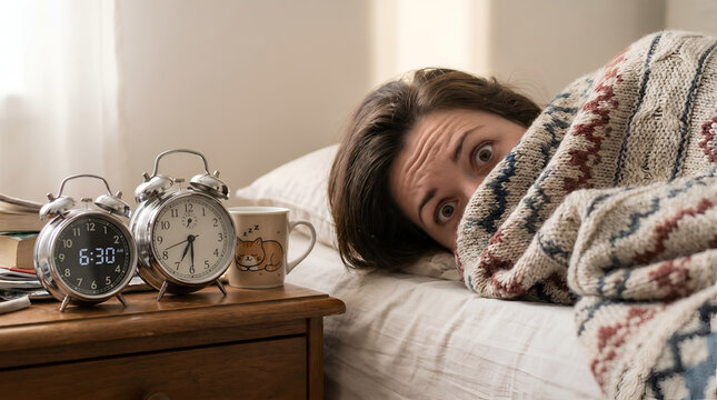 Tired woman hiding under blanket near vintage alarm clocks on nightstand