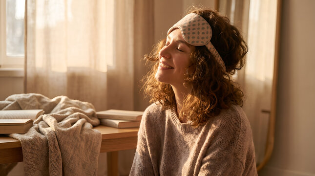 Woman wearing sleep mask enjoying morning sunlight in cozy bedroom