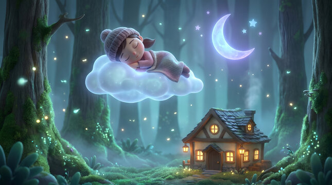 Child sleeping on fluffy cloud above magical forest house at night