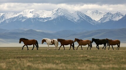 Fototapeta premium Horses walking in a line across open grassland with snow-capped mountains in the background