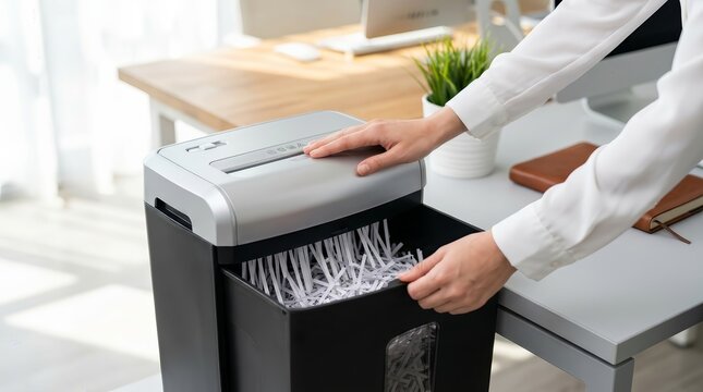 A person using a paper shredder to destroy sensitive documents in an office.