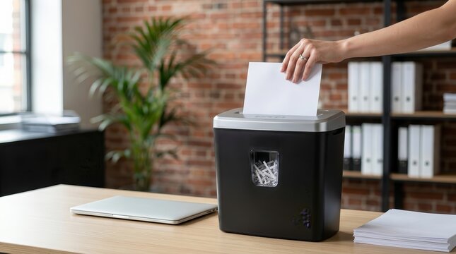 A person's hand using a document shredder to destroy sensitive paper in a modern office setting.