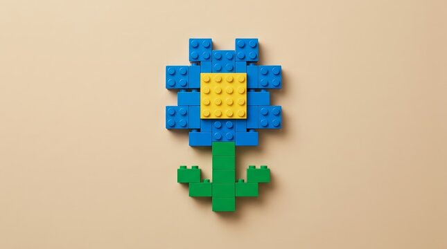 Creative flower concept using colorful plastic building blocks on a beige surface.
