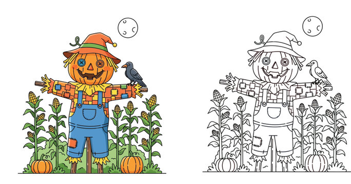 Cute cartoon pumpkin head scarecrow in a cornfield under the full moon, colored vector illustration and black and white coloring page set