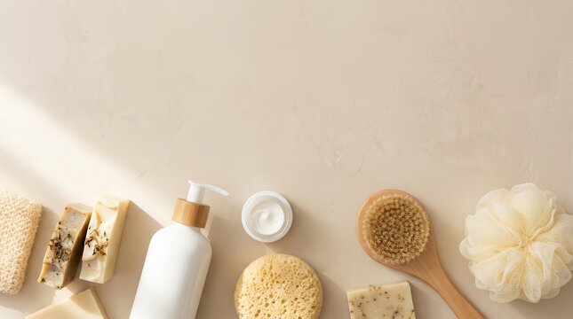 A collection of cosmetic products and natural bath supplies for skincare.
