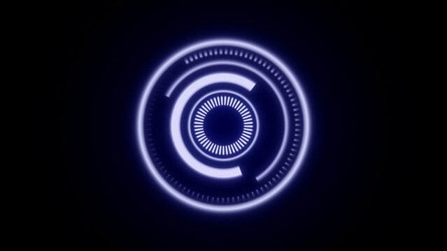Futuristic HUD target element with glowing neon blue concentric circles, radar interface, and sci-fi digital eye UI background