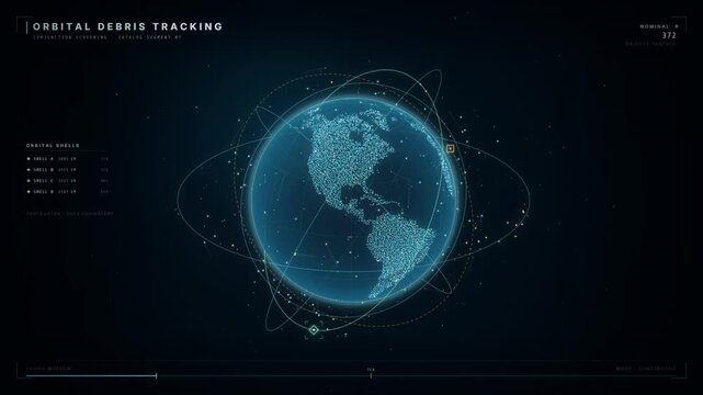 Orbital debris tracking interface with rotating Earth globe and satellite collision alerts