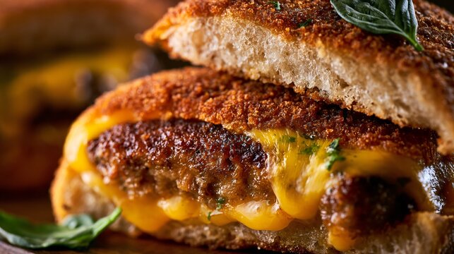 A macro close up highlighting crispy coatings, juicy burger patties, melted cheese, and artisan bread textures within pub-food