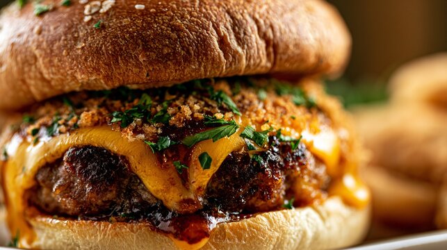 A macro close up highlighting crispy coatings, juicy burger patties, melted cheese, and artisan bread textures within pub-food