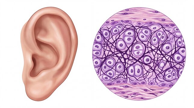 Human ear anatomy and elastic cartilage histology illustration, microscopic view of ear tissue cells, medical diagram for education