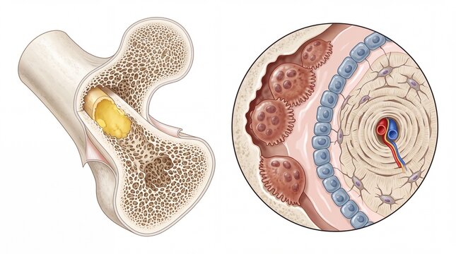 Medical illustration of human bone anatomy, microscopic view of bone tissue structure, cross section of osteon and marrow for educational use