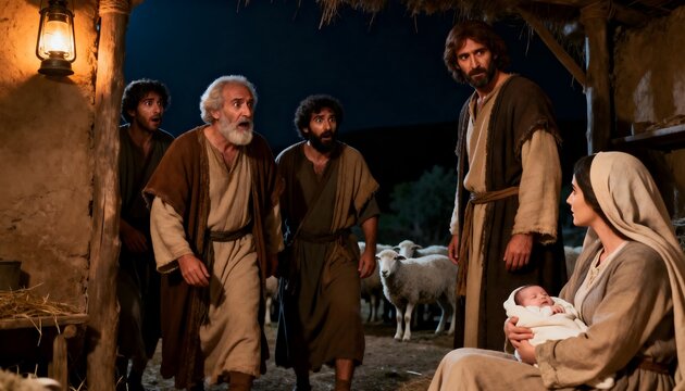 Biblical shepherds witnessing the birth of baby Jesus inside a dark stable illuminated by golden lanterns