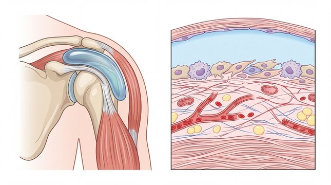 Medical illustration of shoulder bursa and synovial membrane, anatomical cross section of joint capsule, human shoulder anatomy diagram