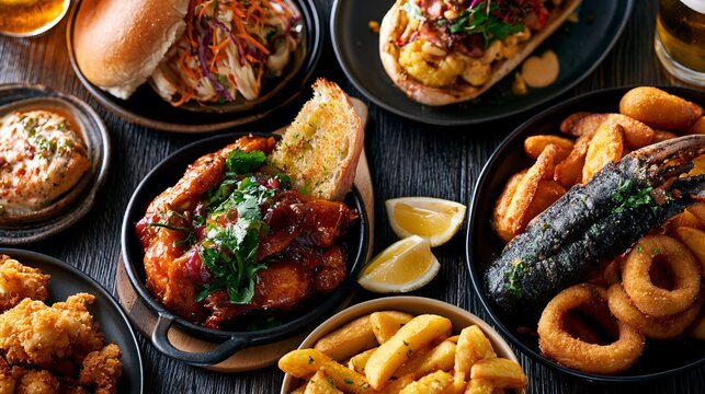 A macro top-down study of pub-food scenes revealing detailed textures of burgers, wings, fries, batters, and gourmet toppings