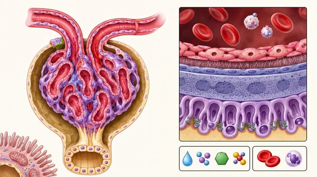 Medical illustration of kidney glomerulus anatomy, renal filtration barrier with blood cells, nephron structure for healthcare education