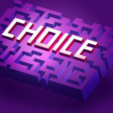 3D typographic illustration of the word CHOICE integrated into a purple maze, representing decision making, options and finding the right path
