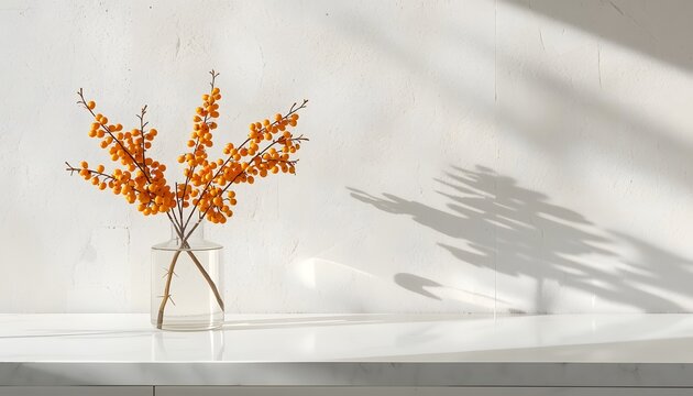 a simple clear glass cylinder vase filled with water, holding a single fresh buckthorn branch