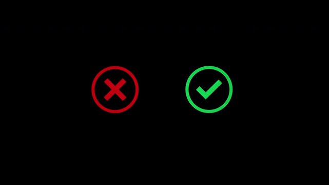 Animated 4 colours check mark and cross symbols in one clip with motion effect on a dark background. Ideal for approval and rejection, correct and incorrect, pass and fail, status, review, and decisio
