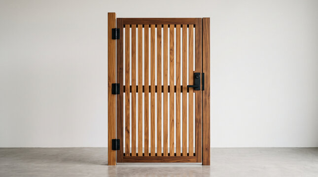 Modern wooden gate with vertical slats and black hardware against a white wall.