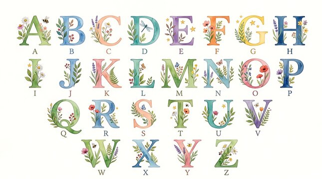 Watercolor floral alphabet set with decorative botanical letters