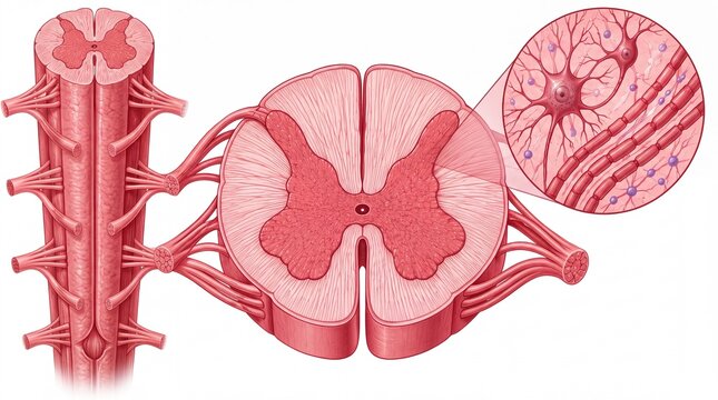 Medical illustration of spinal cord cross section, human nervous system anatomy with neuron detail, spinal column and nerve roots