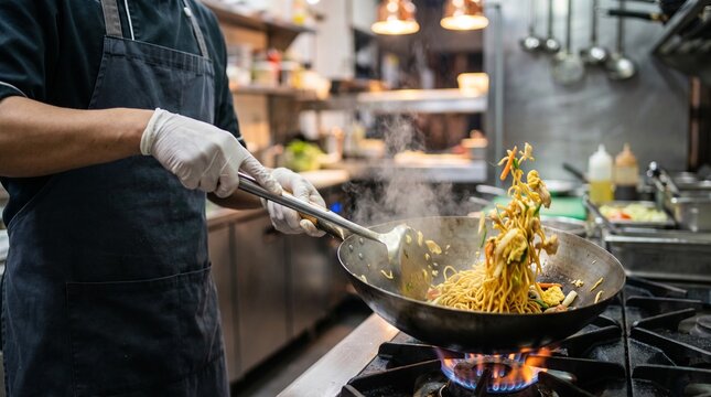 Authentic Indonesian mie goreng being cooked in a wok. Ideal for restaurant branding, culinary education, hospitality marketing, and food industry campaigns.