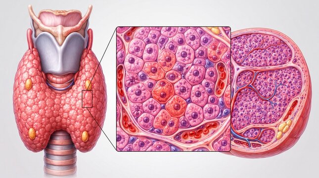 Thyroid gland medical illustration, microscopic view of endocrine cells and follicles, anatomical diagram of human thyroid and parathyroid glands