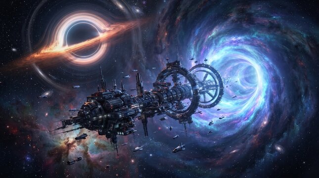 Futuristic space station traveling near black hole and glowing