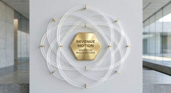 Golden Hexagon Emblem Featuring 'Revenue Motion Momentum Builds Success' Surrounded by Intertwining Transparent Acrylic Arcs