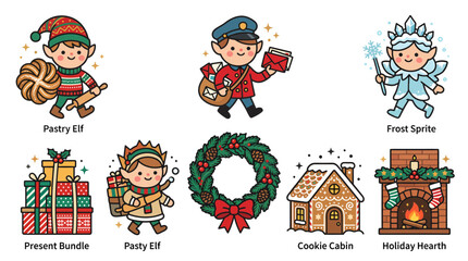 Fototapeta premium Set of cute Christmas themed illustrations with elves and holiday decorations.
