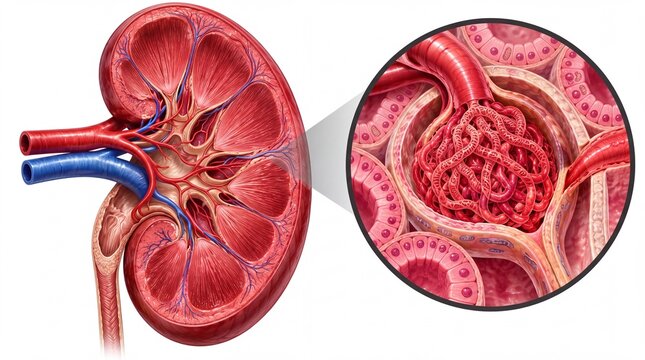 Human kidney anatomy illustration, cross section of renal system with glomerulus zoom, medical diagram of nephron and blood vessels