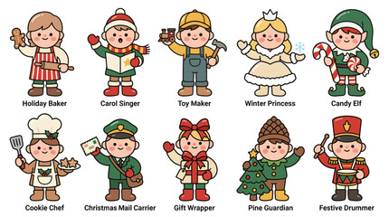 Fototapeta premium Set of ten cute festive Christmas character illustrations for holiday design.