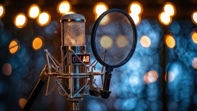 Professional audio setup: voice record, radio transmit, create podcast, media content, communication platform, on air, studio equipment, digital broadcast.