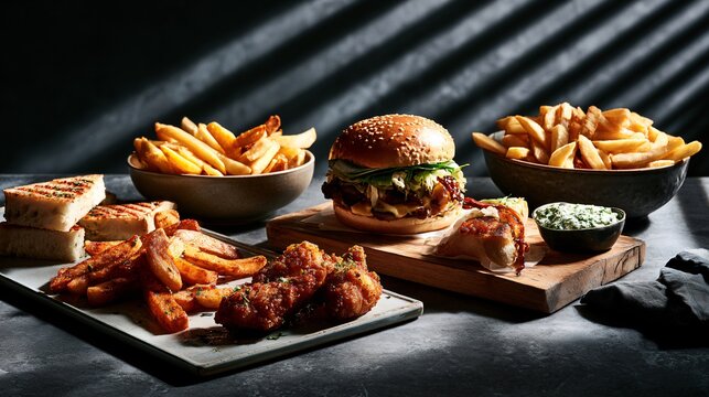 An ultra-minimal commercial composition featuring pub-food positioned on a vast charcoal plaster background with dramatic architectural shadows and extensive copy space