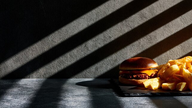 An ultra-minimal commercial composition featuring pub-food positioned on a vast charcoal plaster background with dramatic architectural shadows and extensive copy space