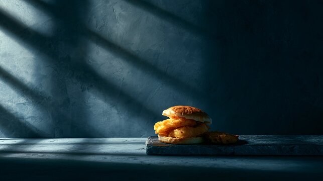 An ultra-minimal commercial composition featuring pub-food positioned on a vast charcoal plaster background with dramatic architectural shadows and extensive copy space